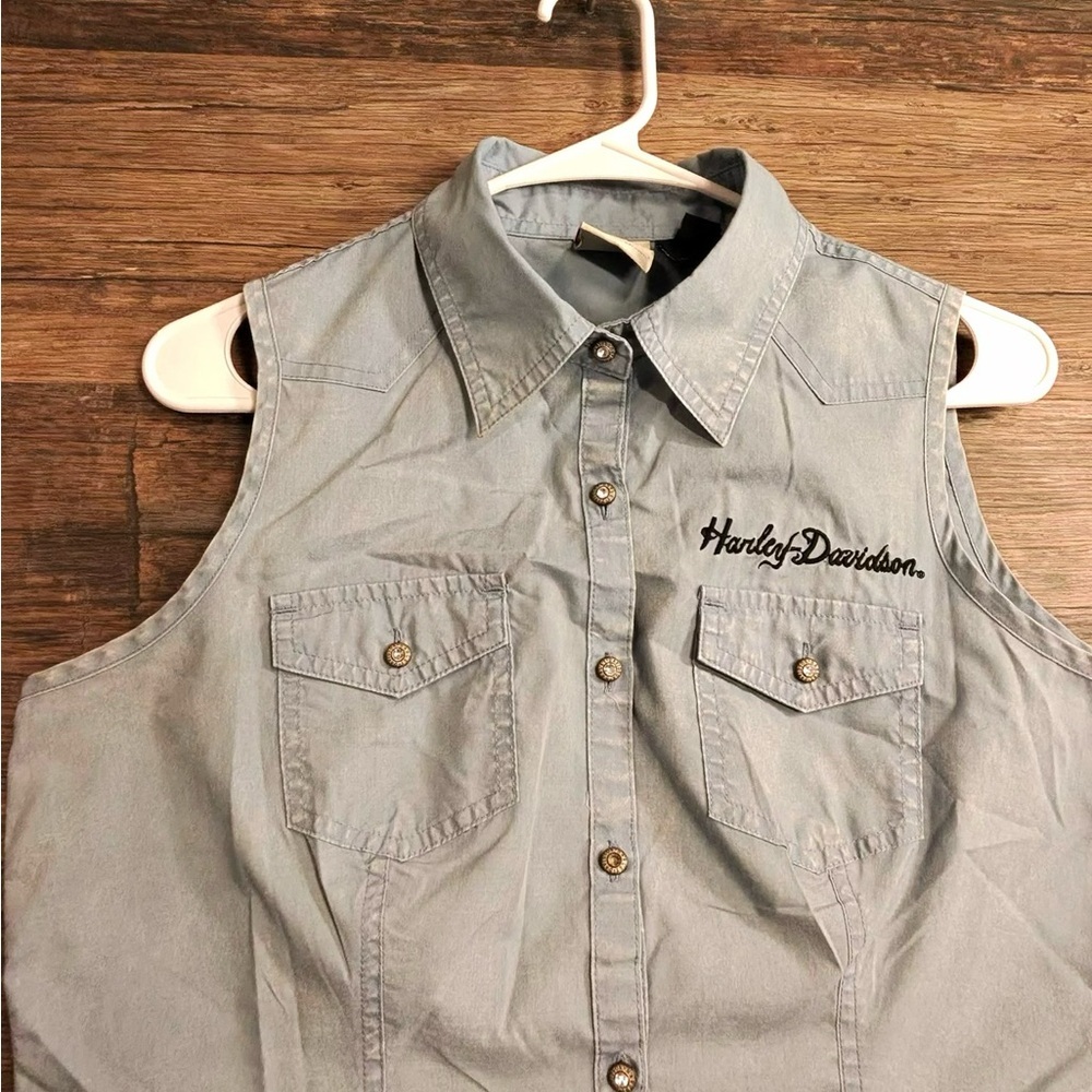 Harley-Davidson Blue Denim Sleeveless Button-Down Shirt - Picture 3 of 8